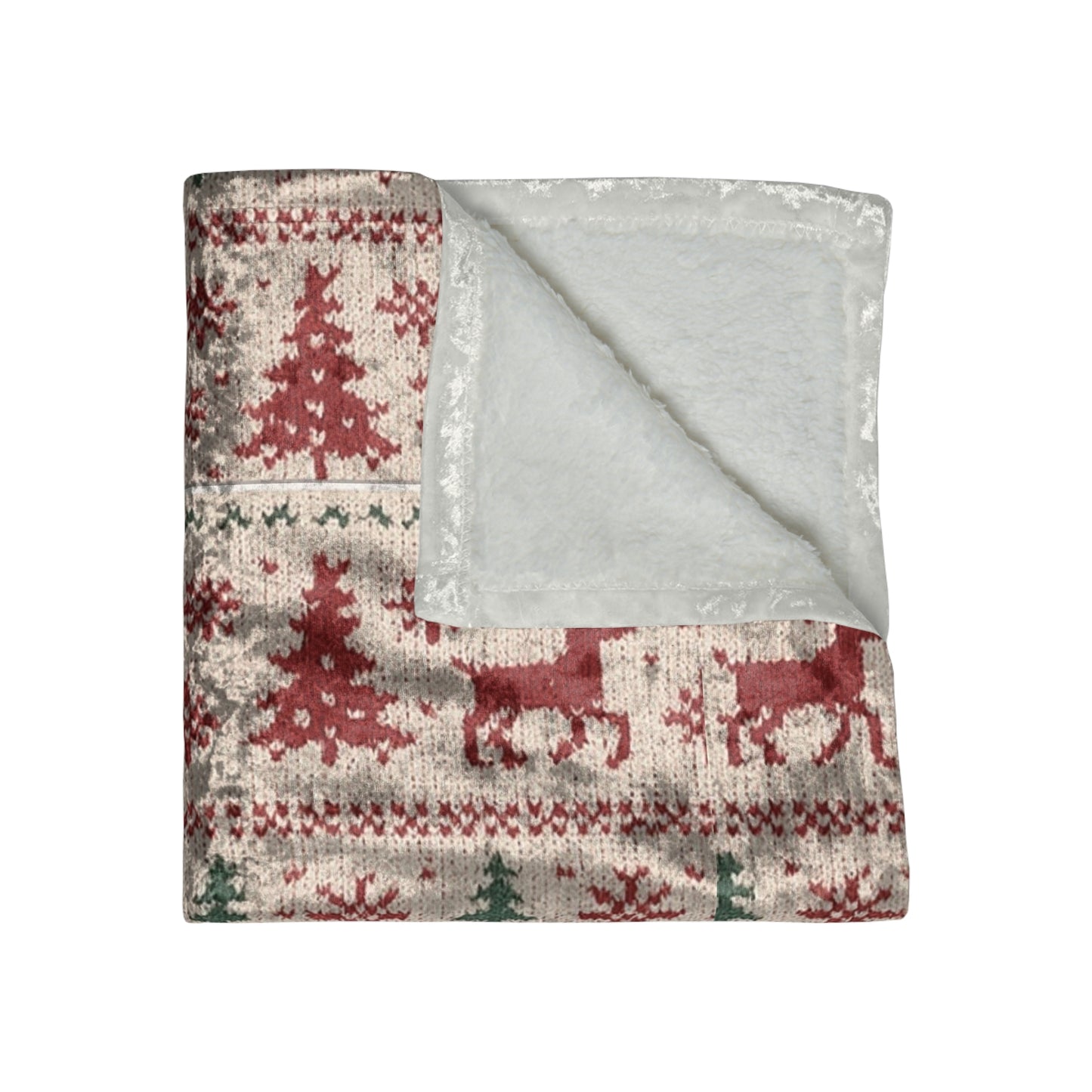 Crushed Velvet Christmas Blanket | Nordic Reindeer Knit Pattern | Cozy Holiday Throw
