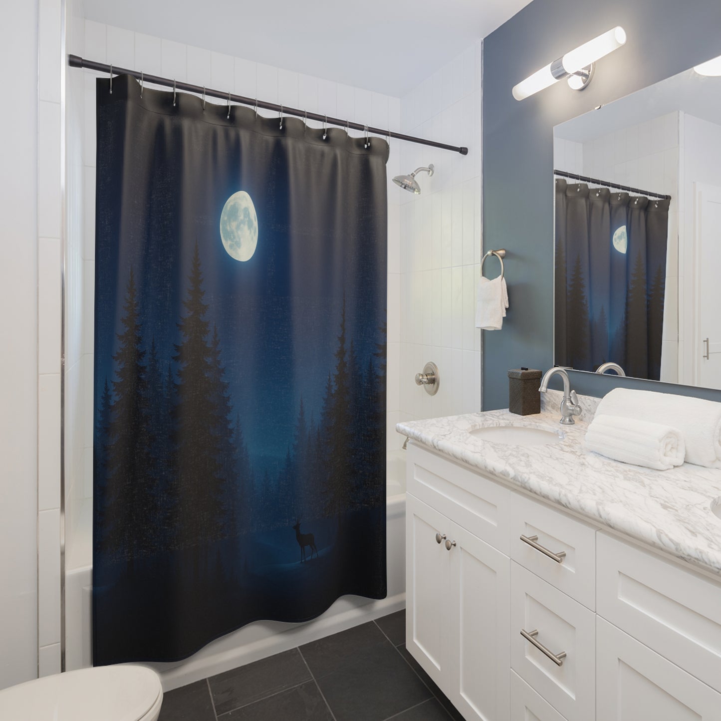 Moonlit Forest Shower Curtain — Night Sky with Deer Silhouette