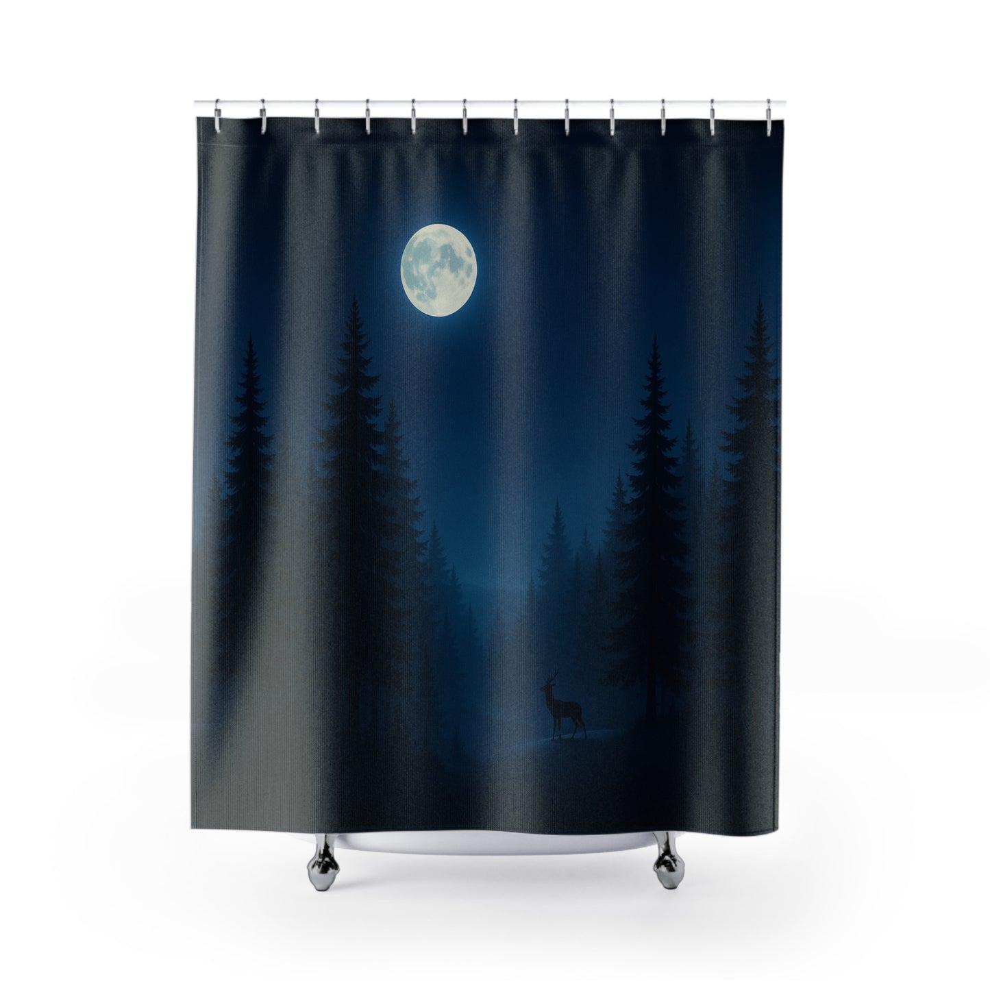 Moonlit Forest Shower Curtain — Night Sky with Deer Silhouette
