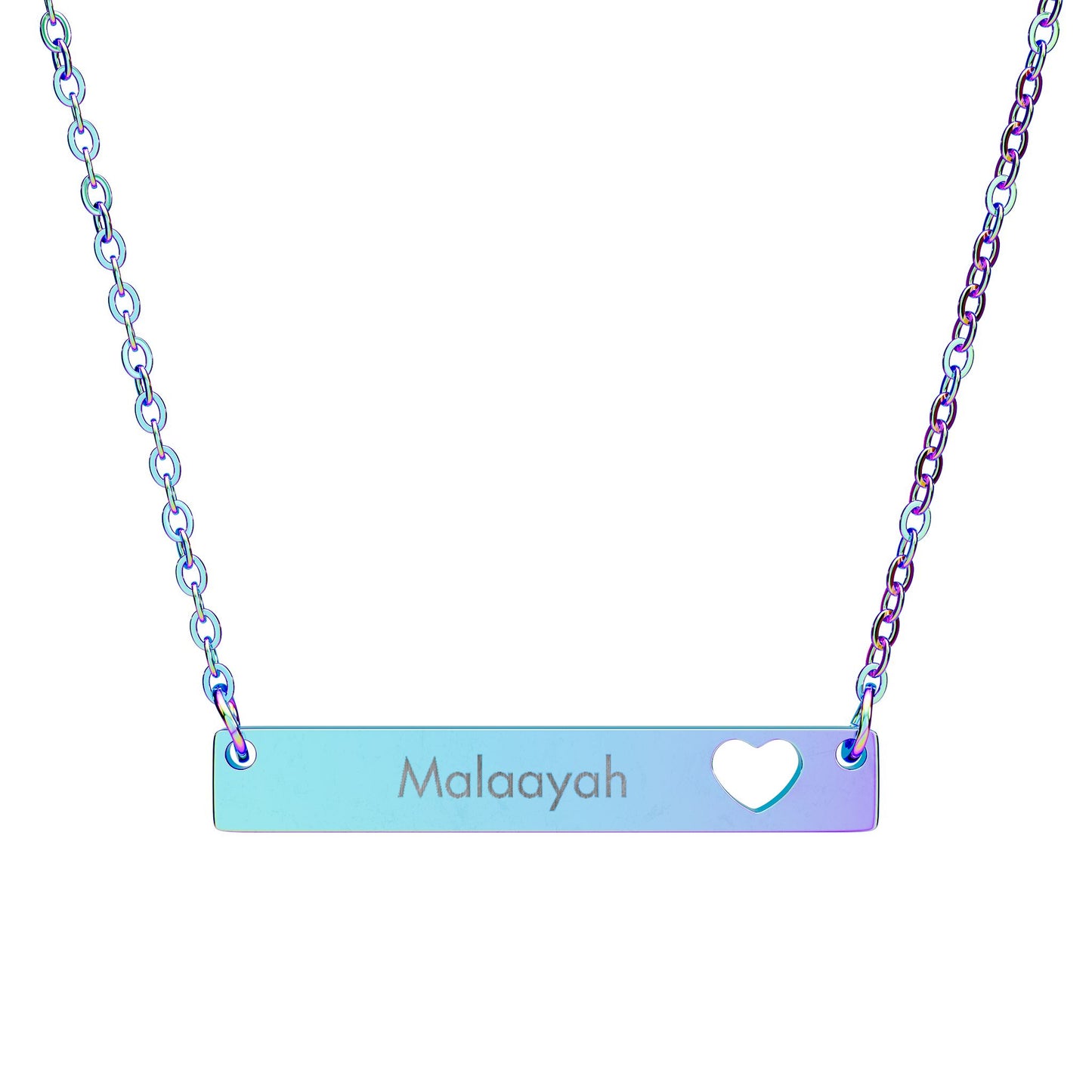Necklace with a bar pendant featuring the name 'Malaayah' and a heart cutout on a white background.