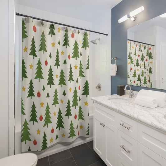 Christmas Tree Shower Curtain – Holiday Pine, Ornaments & Stars Bathroom Decor