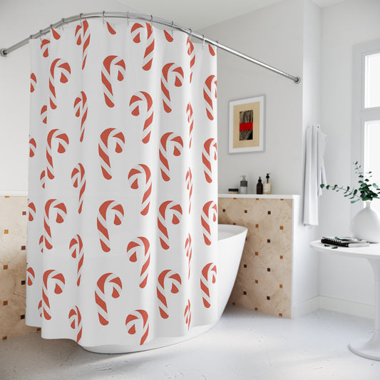 Candy Cane Pattern Shower Curtain — Festive Red Holiday Bathroom Decor