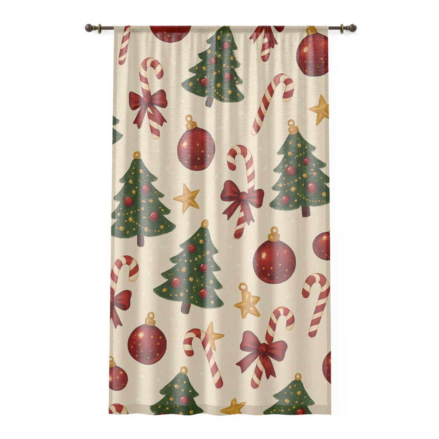 Sheer Christmas Pattern Window Curtain — Festive Trees, Candy Canes & Ornaments