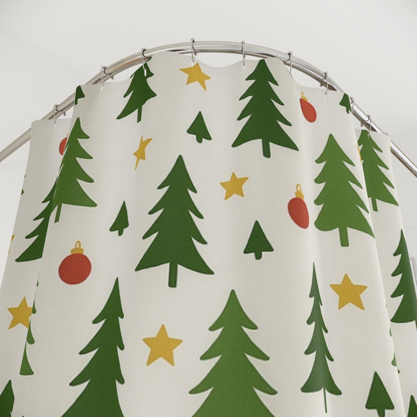 Christmas Tree Shower Curtain – Holiday Pine, Ornaments & Stars Bathroom Decor