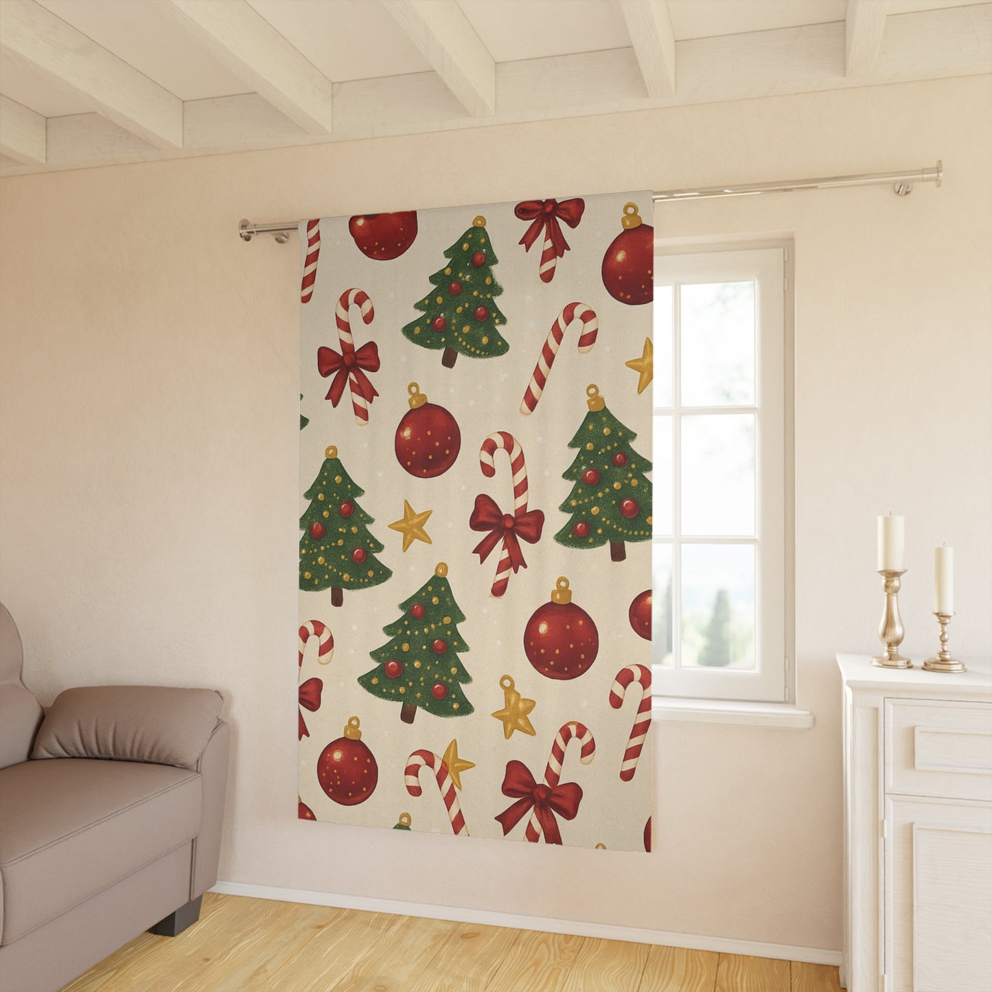 Christmas Tree & Candy Cane Holiday Window Curtain — Festive Xmas Decor