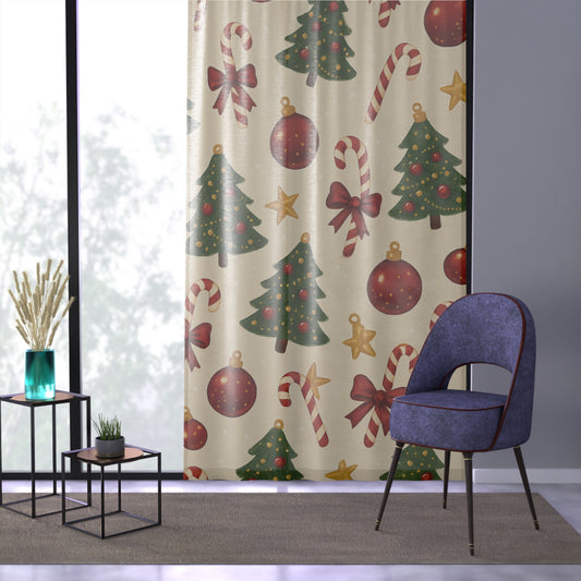 Sheer Christmas Pattern Window Curtain — Festive Trees, Candy Canes & Ornaments