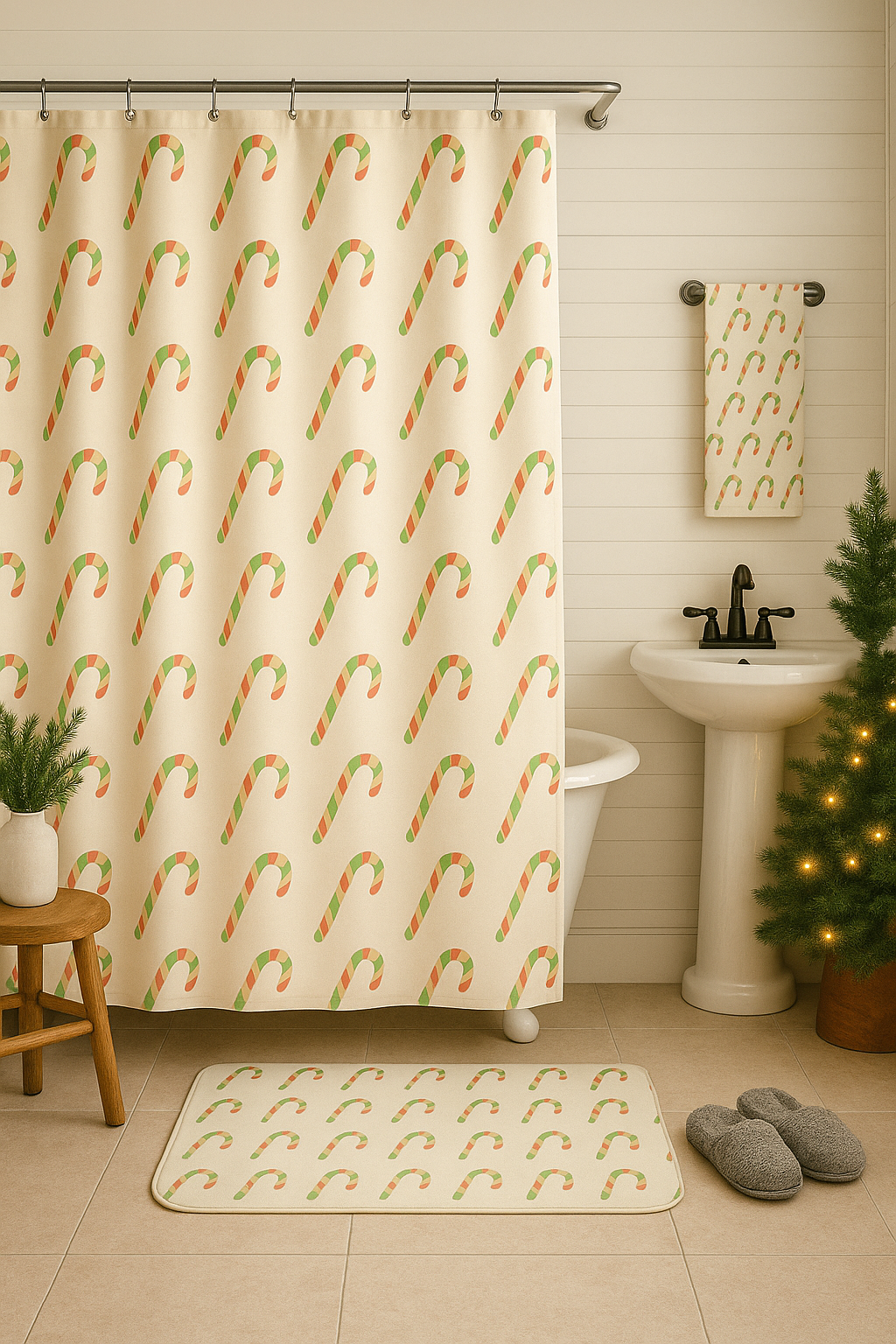Candy Cane Pattern Bath Mat — Festive Green & Red Holiday Bathroom Rug