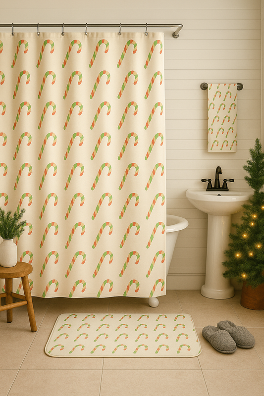 Candy Cane Pattern Bath Mat — Festive Green & Red Holiday Bathroom Rug