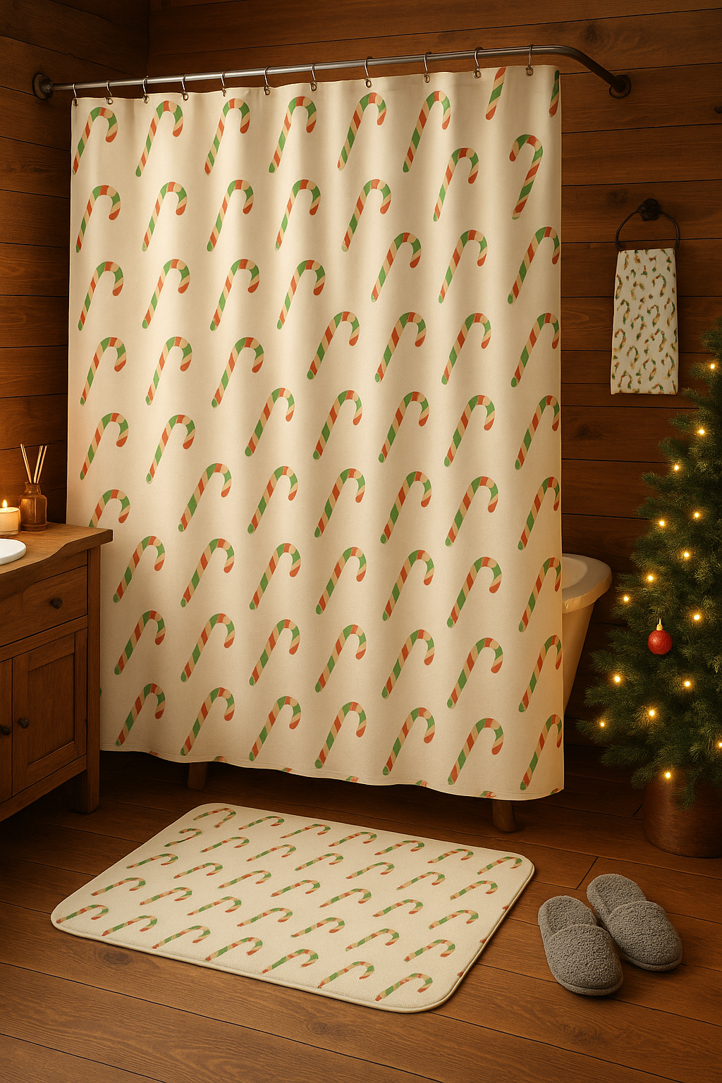 Candy Cane Pattern Bath Mat — Festive Green & Red Holiday Bathroom Rug