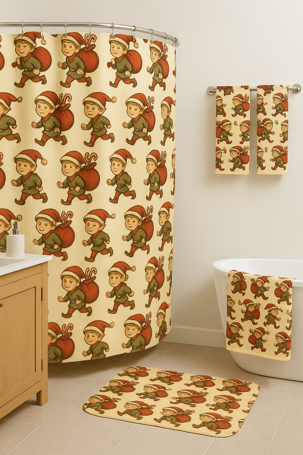 Christmas Elf Bath Mat — Retro Santa Helper Patterned Holiday Bathroom Rug