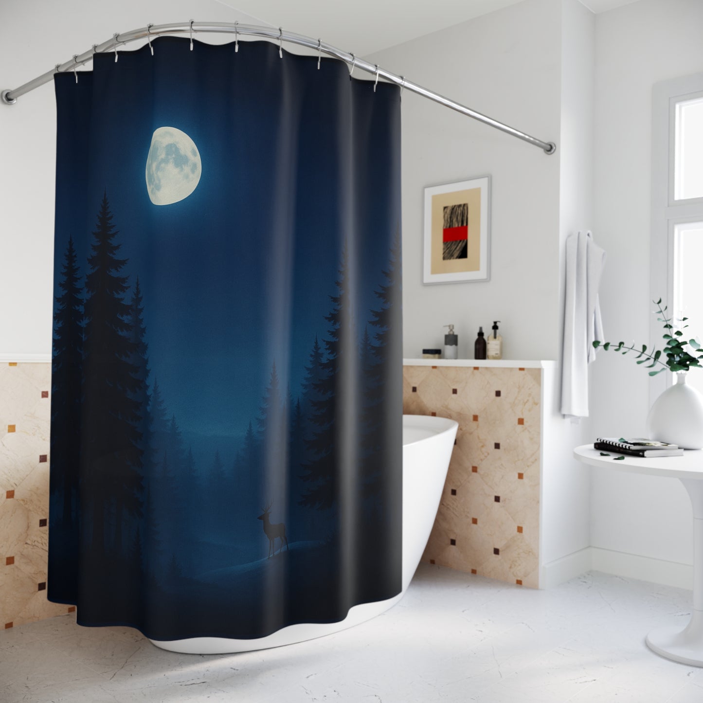 Moonlit Forest Shower Curtain — Night Sky with Deer Silhouette
