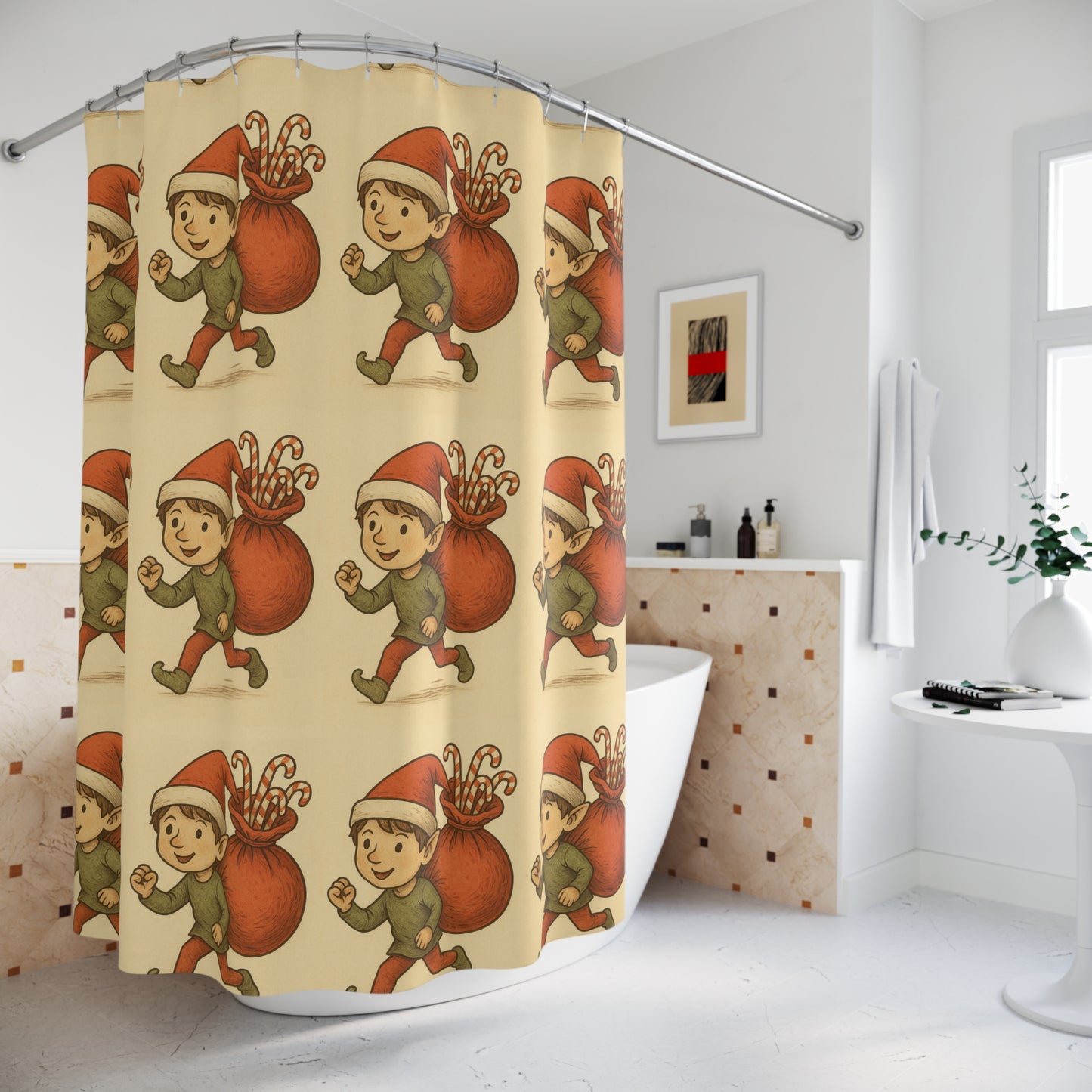 Elf Candy Cane Runner Shower Curtain — Holiday Haven Bath Collection