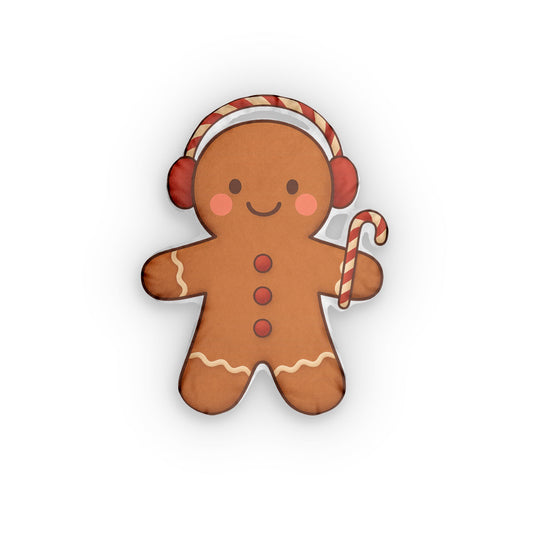 Gingerbread Boy Christmas Pillow | Cookie-Shaped Cushion with Candy Cane Details