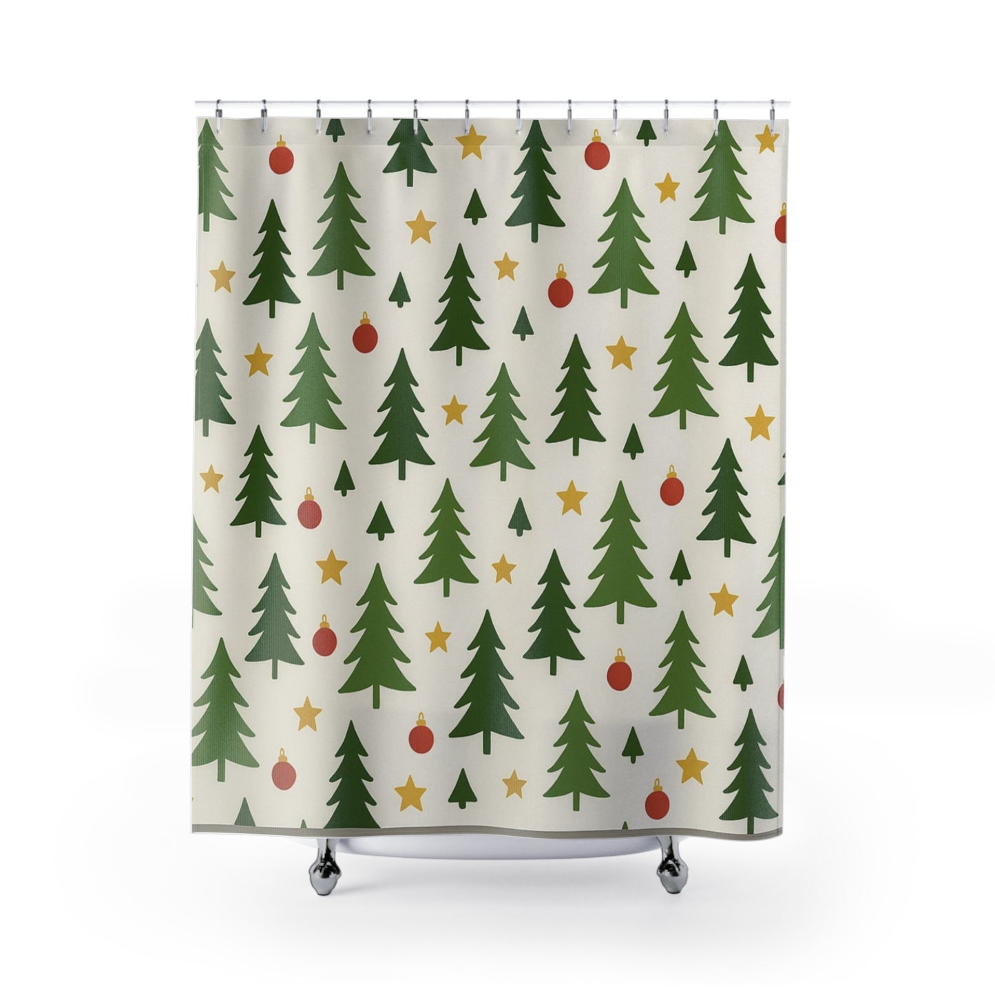 Christmas Tree Shower Curtain – Holiday Pine, Ornaments & Stars Bathroom Decor