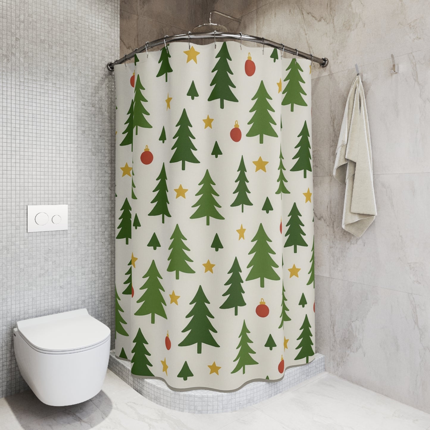 Christmas Tree Shower Curtain – Holiday Pine, Ornaments & Stars Bathroom Decor