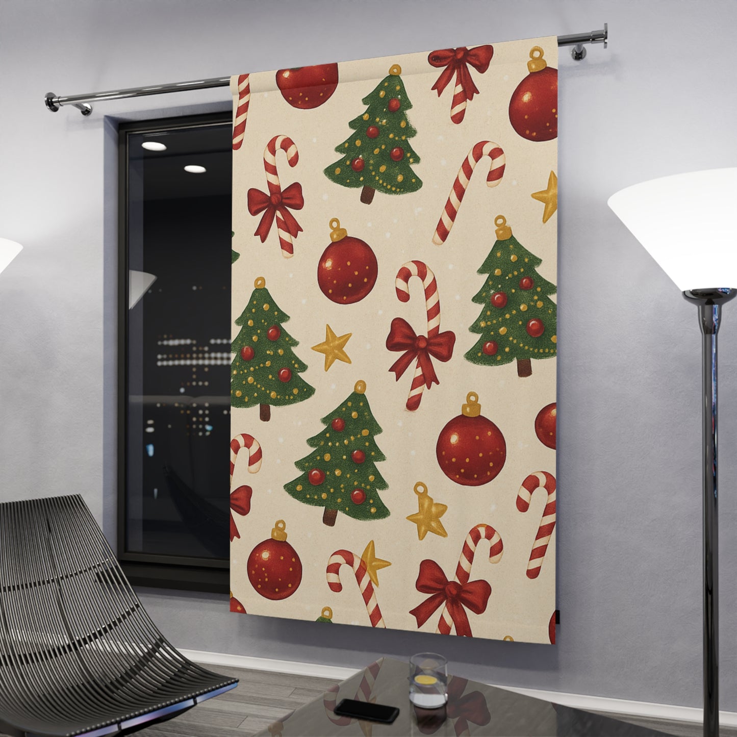 Christmas Tree & Candy Cane Holiday Window Curtain — Festive Xmas Decor