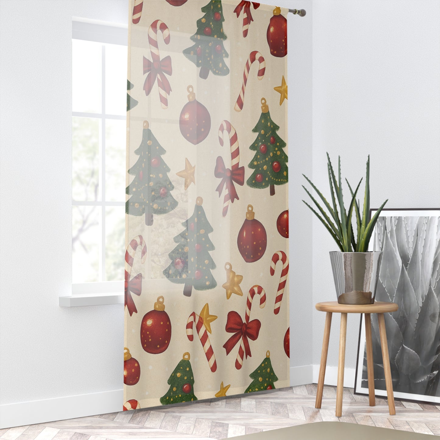 Sheer Christmas Pattern Window Curtain — Festive Trees, Candy Canes & Ornaments