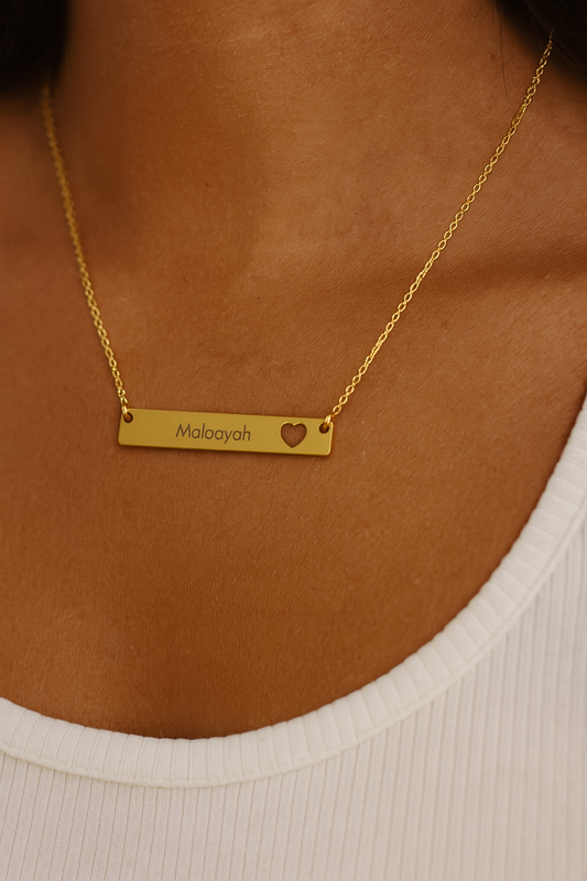 Engravable Cutout Heart Bar Necklace — Personalized Name Plate