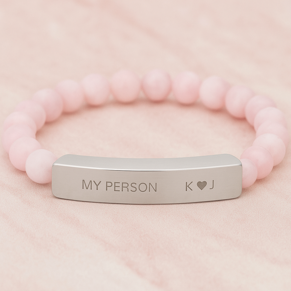 Rose Quartz Personalized Engraved Bar Bracelet — Natural Stone Stretch Bracelet