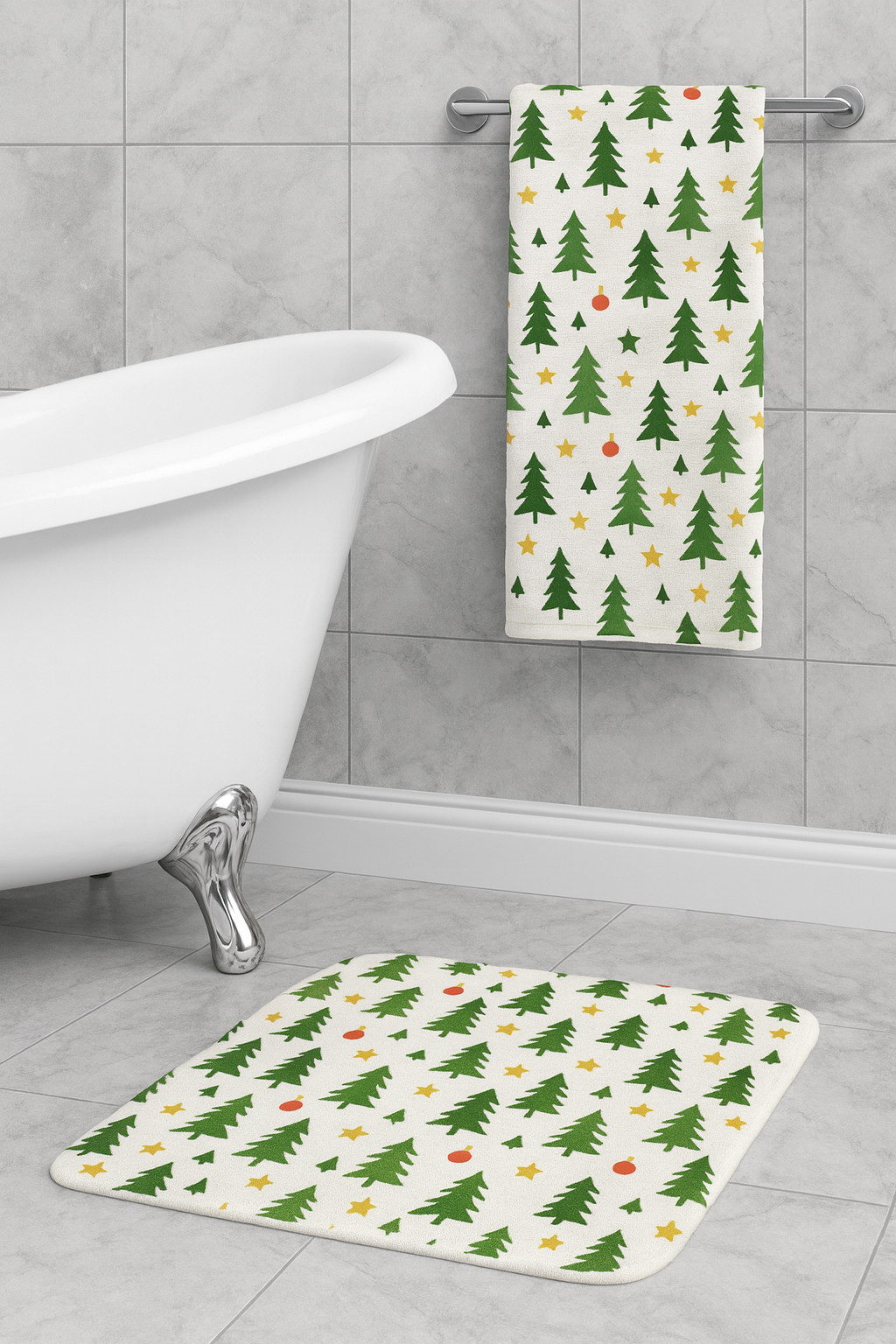 Christmas Tree Bath Mat – Holiday Pine, Stars & Ornament Pattern
