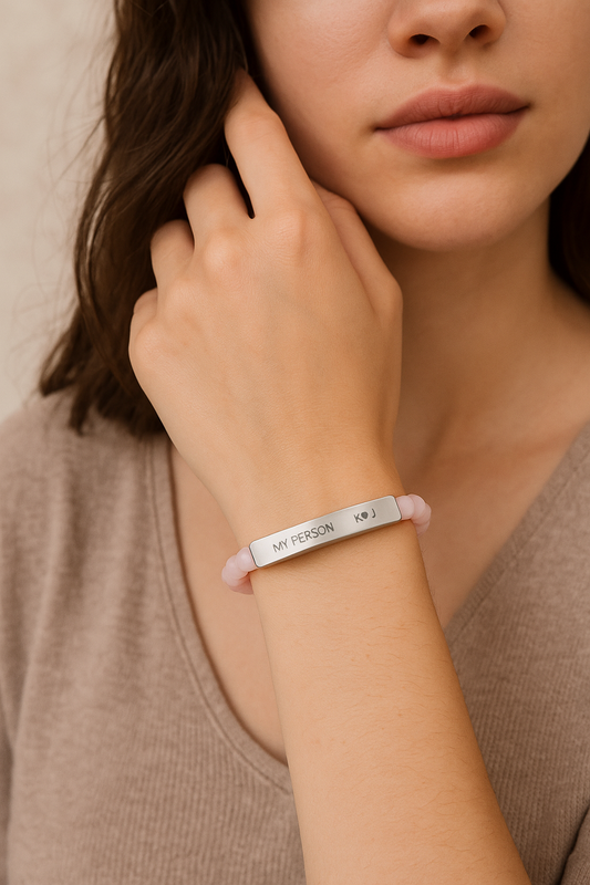 Rose Quartz Personalized Engraved Bar Bracelet — Natural Stone Stretch Bracelet