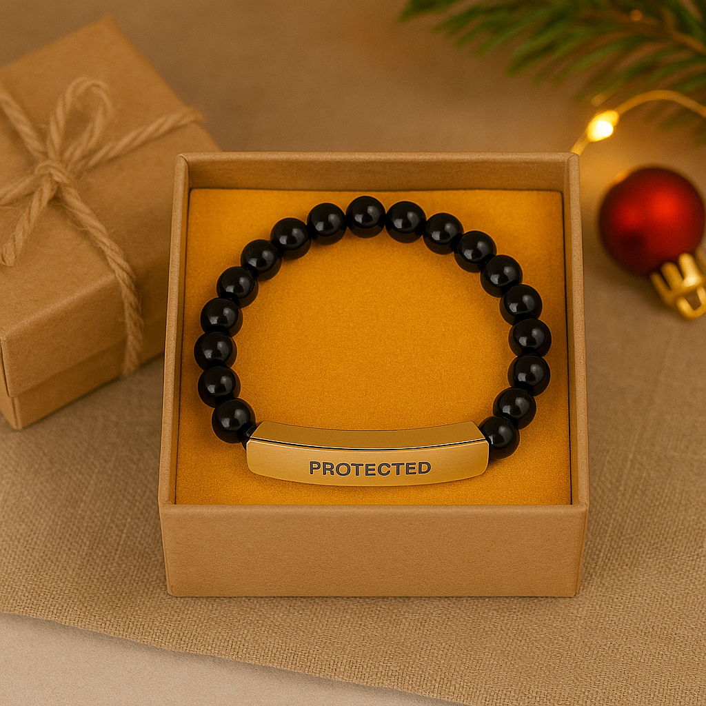 Engraved 'Protected' Onyx Stone Stretch Bracelet —Beaded Bar Bracelet