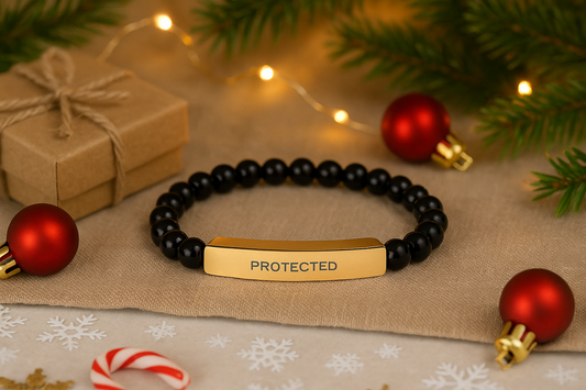Engraved 'Protected' Onyx Stone Stretch Bracelet —Beaded Bar Bracelet